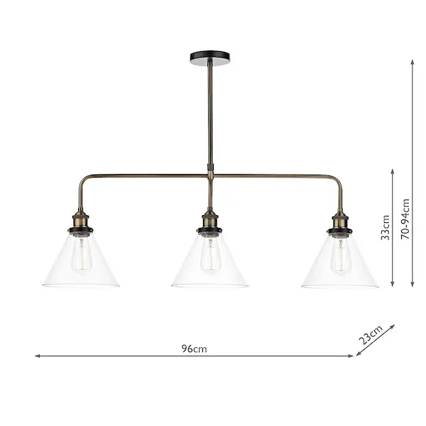 Secondary Picture of Ray 3 Light Bar Pendant Antique Brass Clear Glass